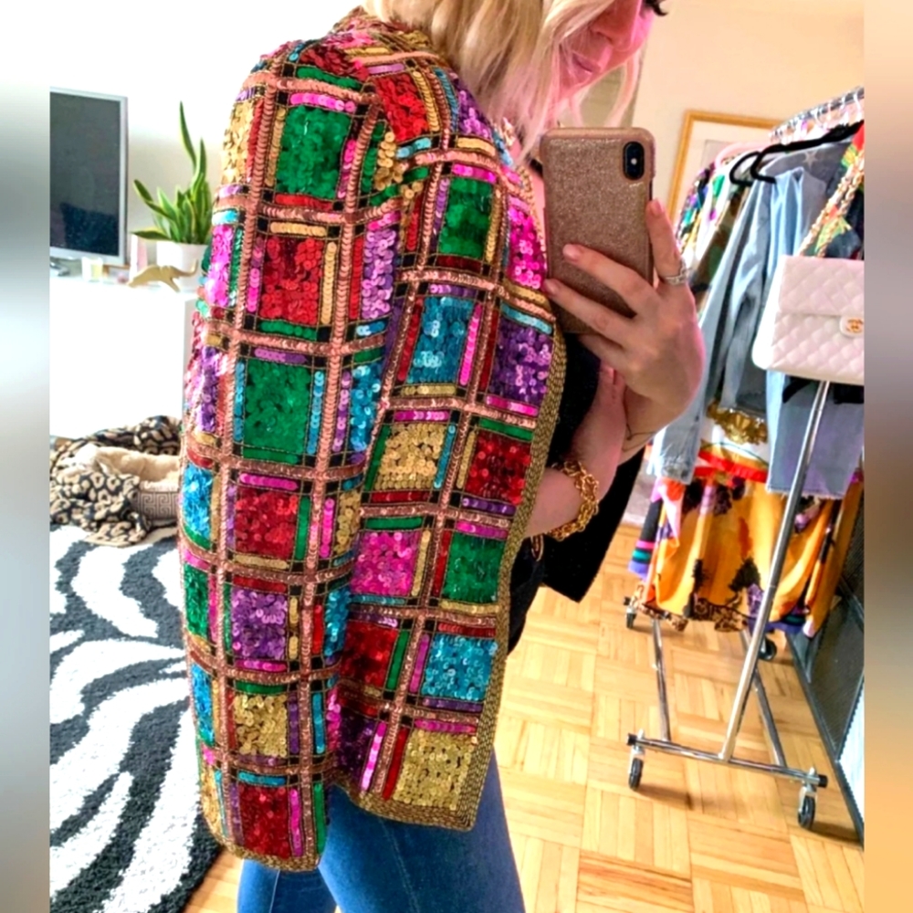 VINTAGE 80'S LESLIE FAY RAINBOW SEQUIN EVENING JACKET SIZE LARGE PETITE - Picture 2 of 16